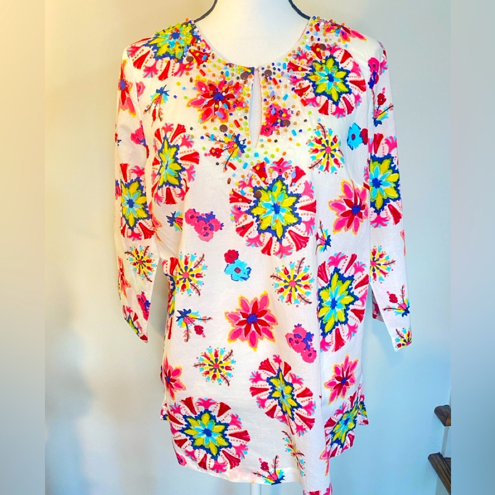 Island Republic multicolor top beaded tropical tunic top size medium 100% Cotton